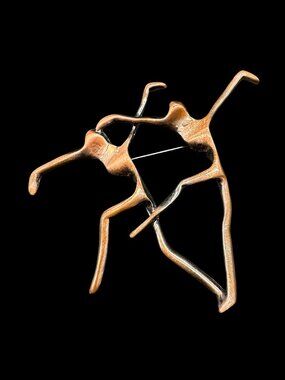 Modernist Copper Tone 2 Dancers Stick Figures Brooch Pin Costume Jewelry